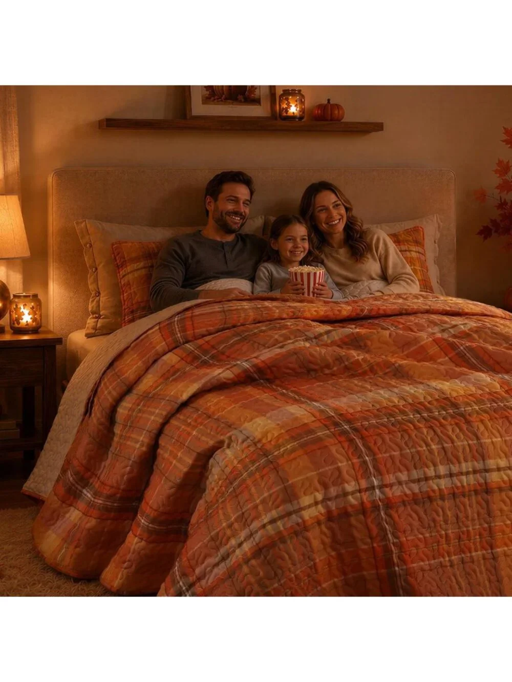 King Size Halloween Quilt Set - Orange Plaid Bedspread & 3-Piece Bedding Set